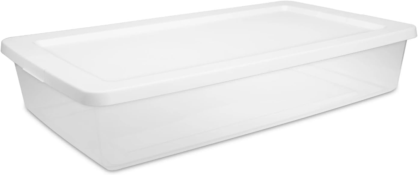 41 Quart Medium Storage Bin, Clear Plastic Underbed Storage Container with Snap-On Lid, White