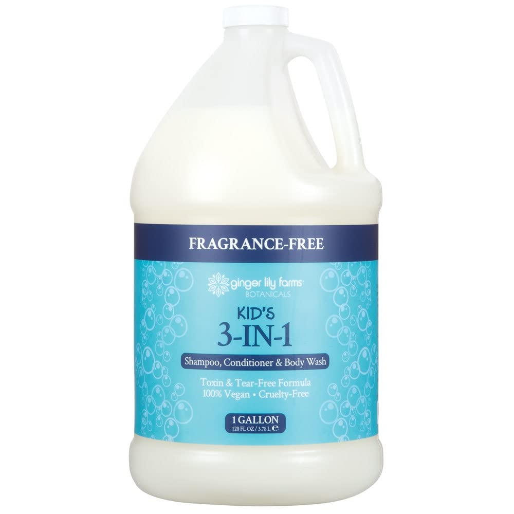 Ginger Lily Farms Botanicals Kid’s 3-in-1 Shampoo, Conditioner & Body Wash, Tear-Free Formula, 100% Vegan & Cruelty-Free, Fragrance-Free, 1 Gallon (128 fl oz) Refill