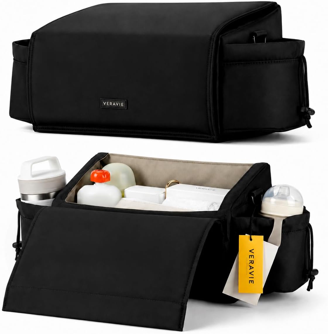 VERAVIE Single & Double Stroller Caddy Organizer Storage Bag, Cup Holders | One-hand magnetic closure, shoulder strap, diaper bag, wagon & pet stroller accessories, new mom essentials, baby travel gear