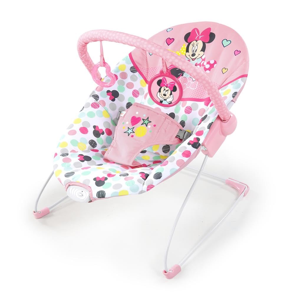Bright Starts Disney Baby Minnie Mouse Baby Bouncer Soothing Vibrations Plush Infant Seat – Removable Toy Bar, Nonslip Feet, 0-6 Months Up to 20 lbs (Spotty Dotty)