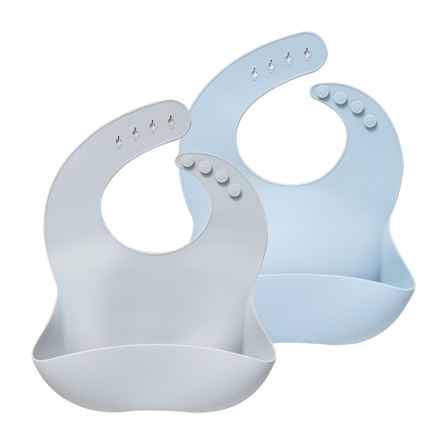 Moonkie Silicone Baby Bibs Set of 2, BPA Free Waterproof Baby Bibs for Eating, Soft Adjustable Silicone Bibs for Babies 6-12 Months, Toddler Bibs with Large Pocket Food Catcher (Light Grey/Blue Fog)