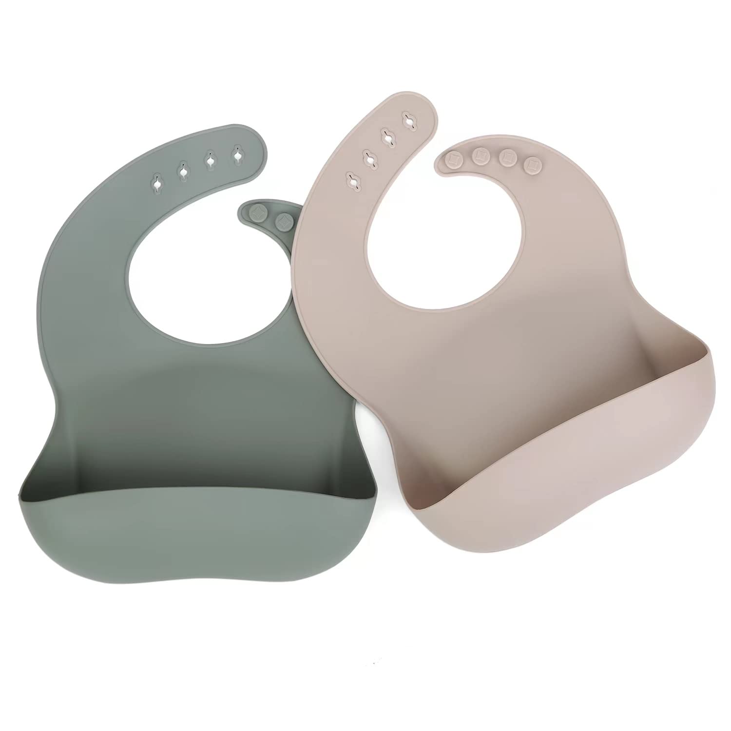 Ginbear Silicone Bibs for Babies, Waterproof Adjustable Silicon Rubber Baby Feeding Bibs with Food Catcher Pocket for Toddlers 6 Months+ (Dark Sage/Almond)