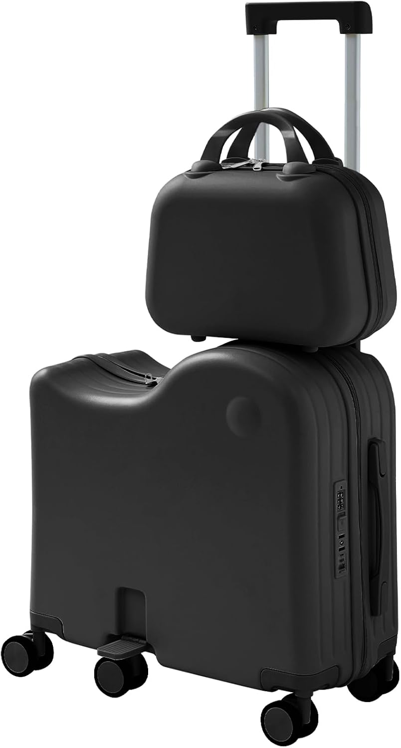 TABU Ride-on Luggage with Portable Bag for Kids，Hardshell Carry On Suitcase with Hidden Cup Holder, Foldable Pedal, USB & Type-C Interface, TSA Lock, 6-Spinner Wheels, Black