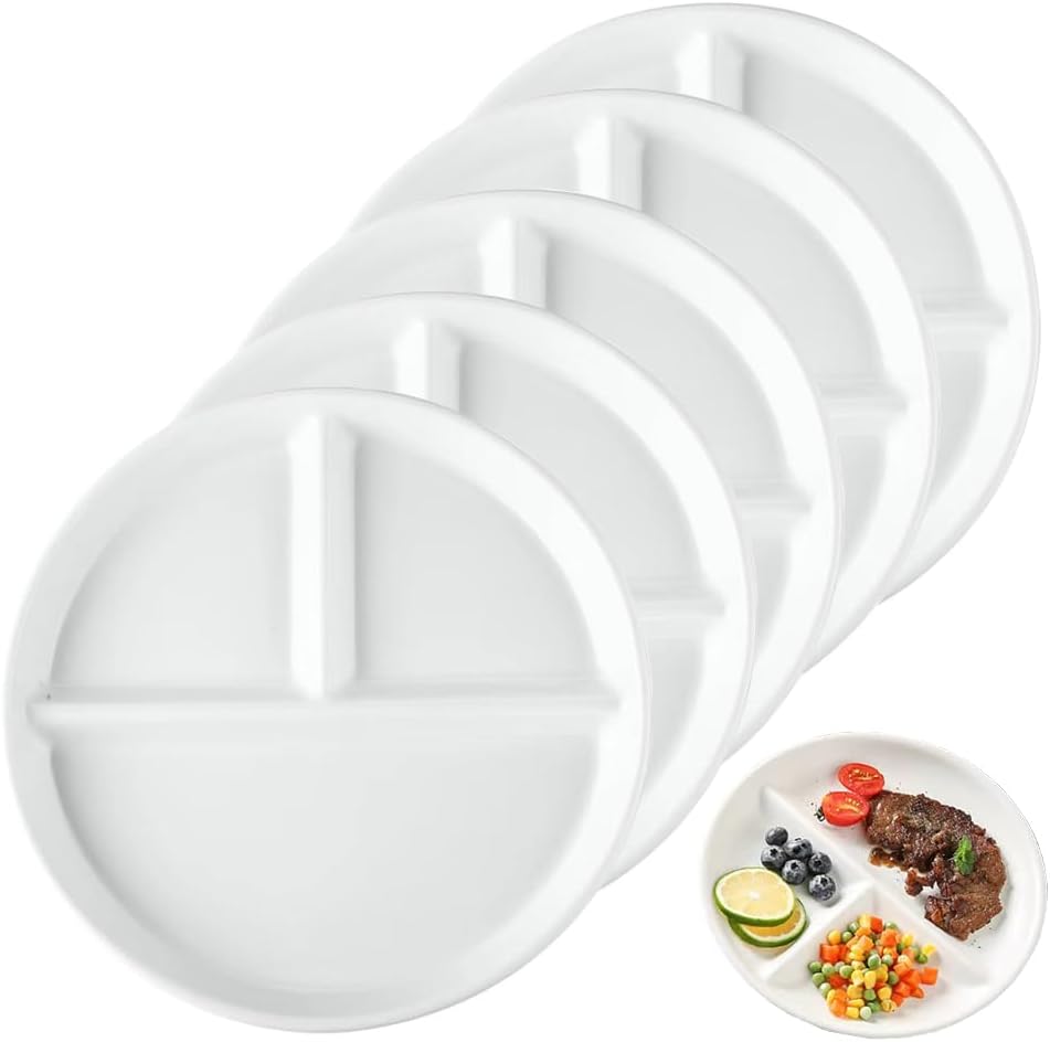 LRUUIDDE (5 Pack) Portion Control Plate for Balanced Eating, 9″ Unbreakable Divided Plates,3 Compartment Plates, Reusable Plastic Plates, BPA Free for Kids Adults (White)