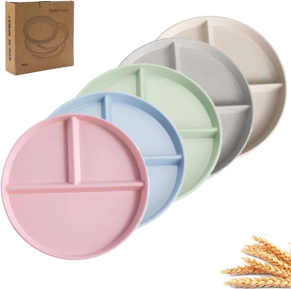 K Y KANGYUN 5-Piece Divided Dinner Plates, 9in, Wheat Straw, Deep, BPA Free