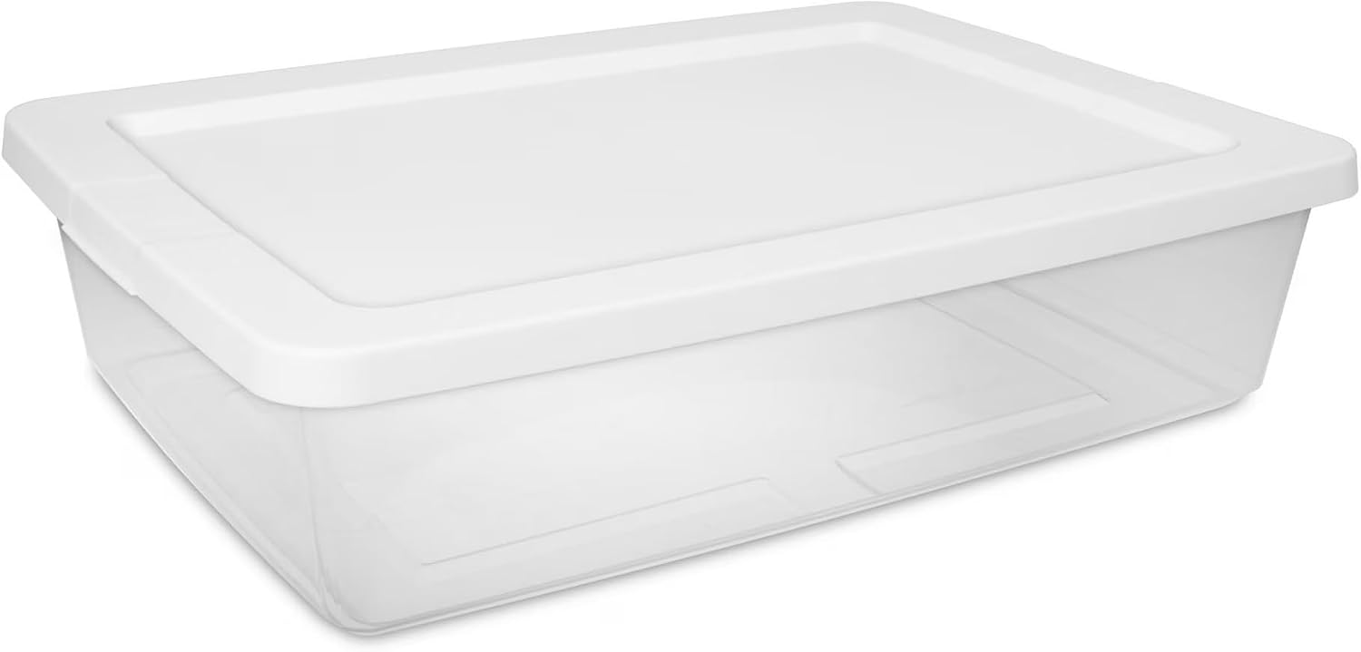 28 QT Clear Storage Bin with Lid, BPA-Free Plastic Stackable Under Bed Container for Home Organization, Closet Storage, Clothes & Linens – White