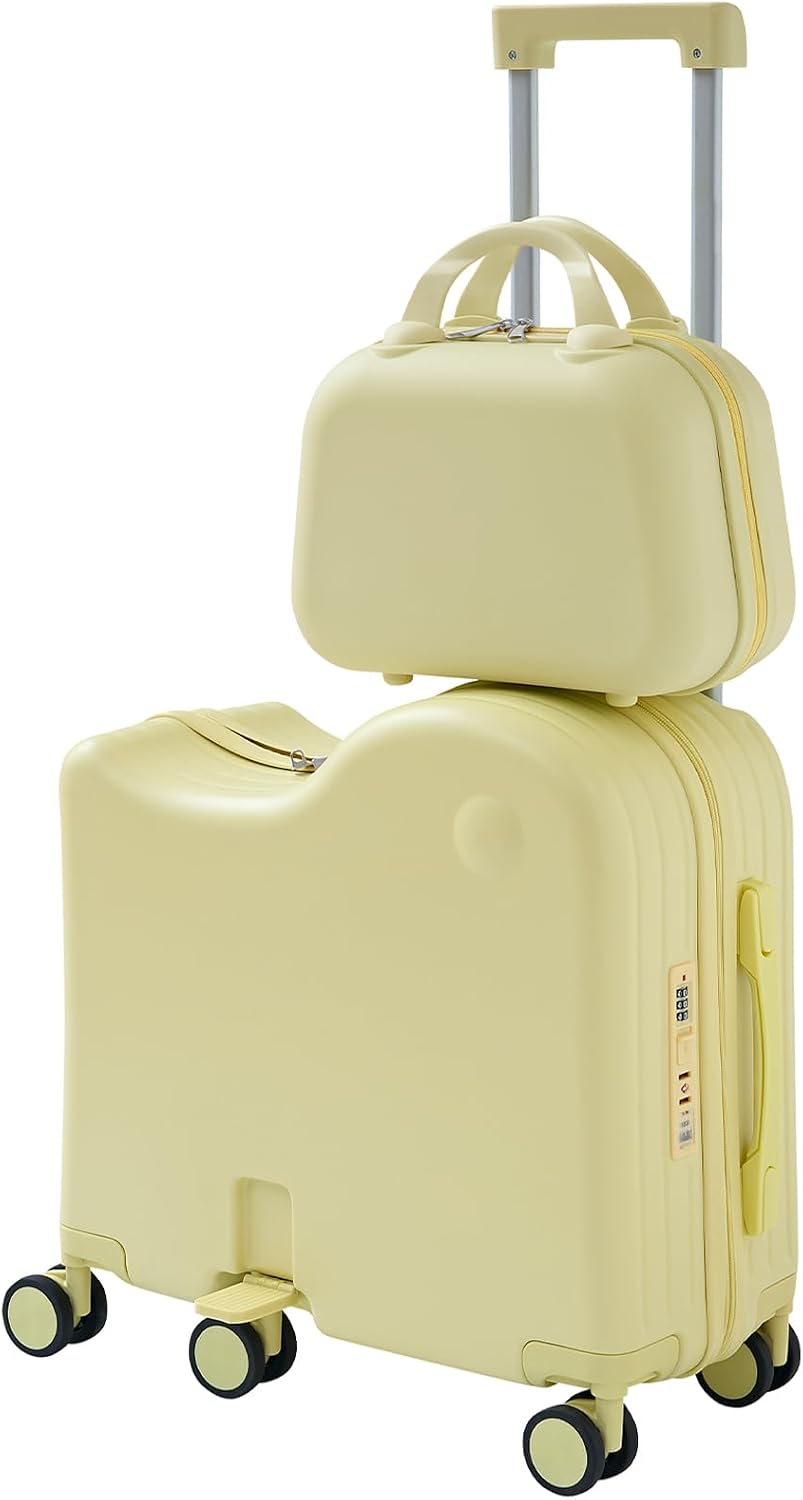 TABU Ride-on Luggage with Portable Bag for Kids，Hardshell Carry On Suitcase with Hidden Cup Holder, Foldable Pedal,Type-C & USB Interface, TSA Lock, 6-Spinner Wheels, Yellow