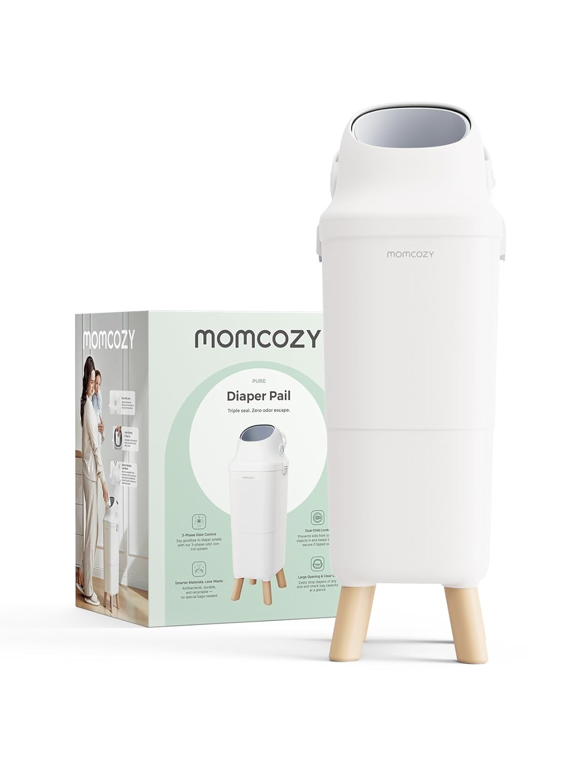 Momcozy Diaper Pail with Patented Triple-Seal Odor Control, Wide Opening, Ergonomic Height, Large Capacity with Viewing Window, Childproof Lock, Fits Standard Trash Bags