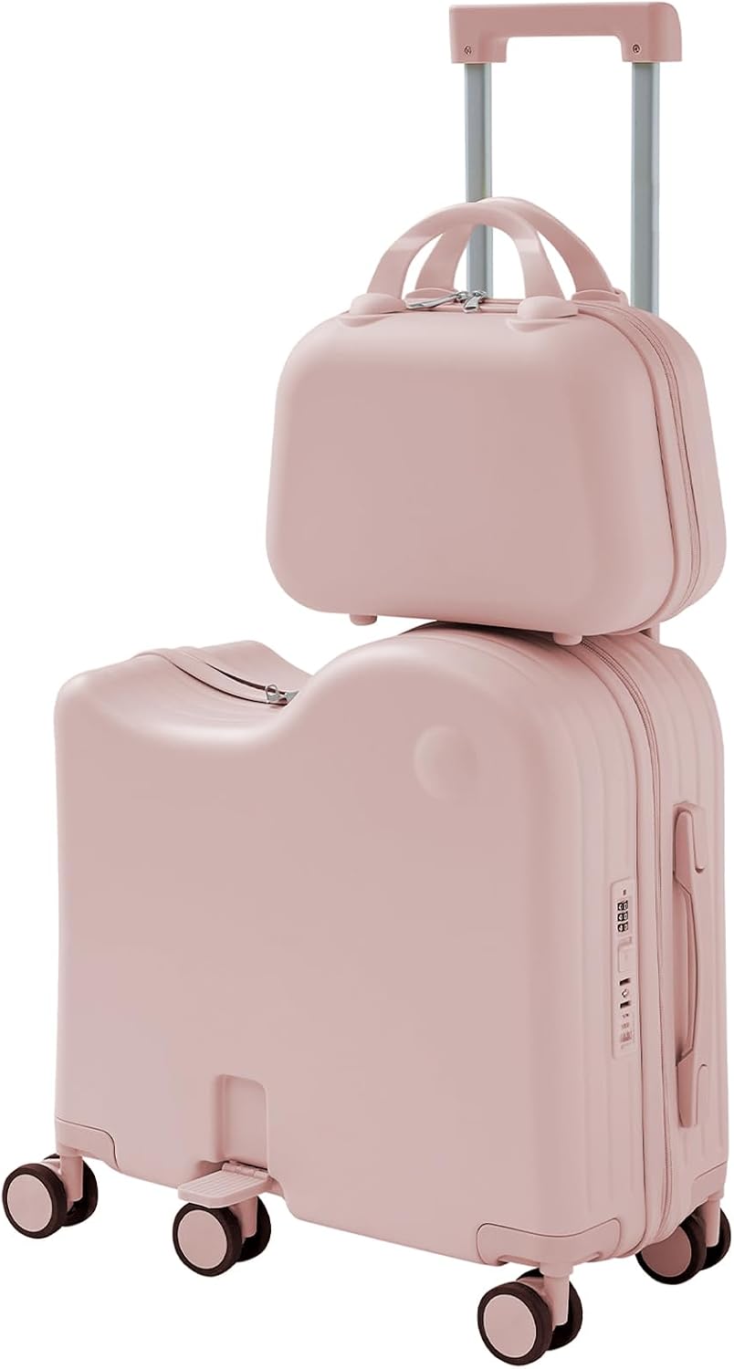 TABU Ride-on Luggage with Portable Bag for Kids, Pink | Hardshell, Carry On, with Hidden Cup Holder, Foldable Pedal ,Type-C & USB Interface, TSA Lock, 6-Spinner Wheels