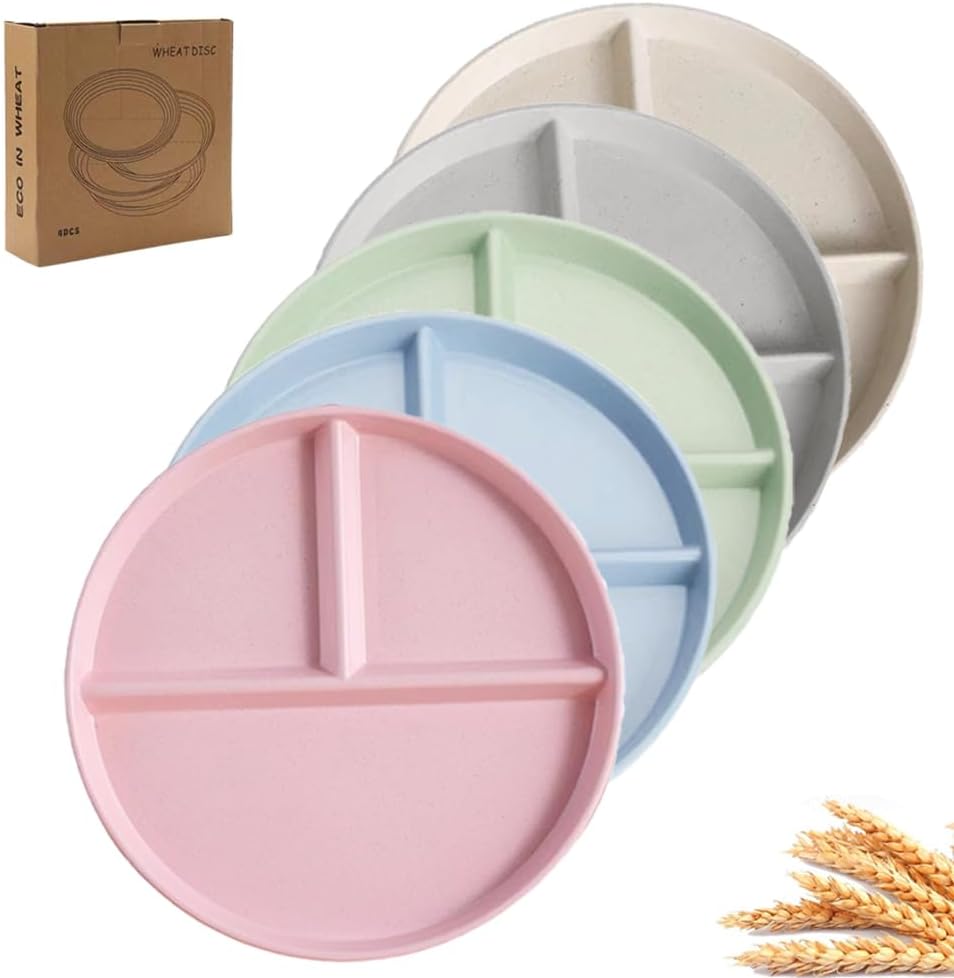 PUPOPIK 9″ Unbreakable Divided Plates Set of 5, Wheat Straw Plate Reusable Dinnerware Portion Control Plates, Round Bariatric Plastic Plate for Kids Adults, BPA-free, Dishwasher Safe
