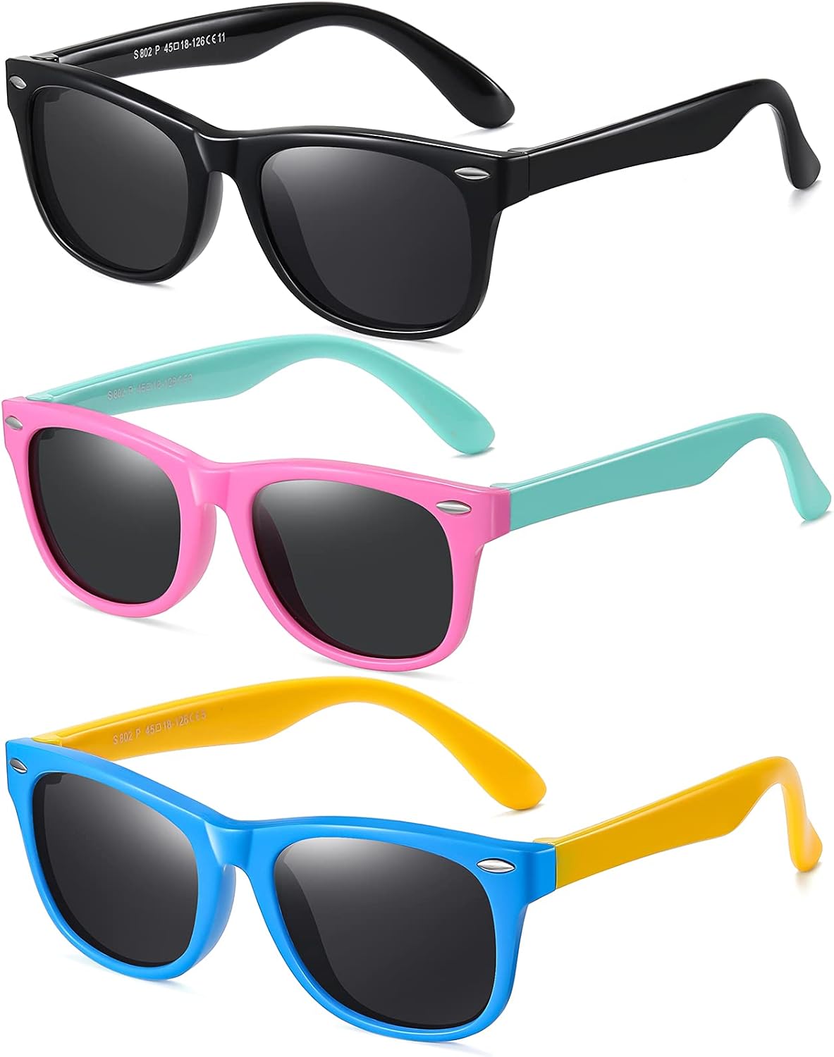 DYLB Kids Polarized Sunglasses for girls boys 3 Pack, Flexible TPEE Rubber Frame for Children Age 3-8.