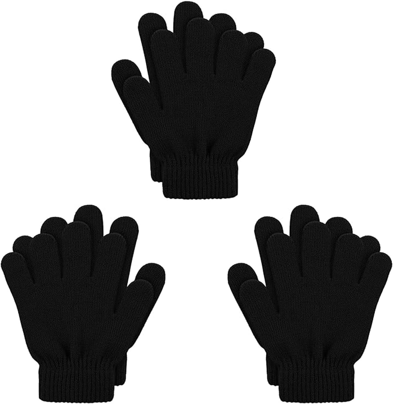 3 Pairs Kids Winter Knit Gloves Warm Black for Boys Girls | Full Finger Design, Thermal Insulation, Soft Stretchy Comfortable, Fits Toddlers Children, Outdoor Cold Weather Gifts