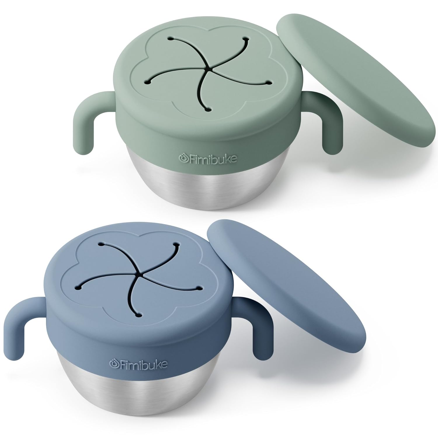 Fimibuke Snack Containers for Toddlers Kids, 12 OZ Spill Proof Stainless Steel Baby Snack Cups with Removable Silicone Food Catcher, Handles & Travel Lid BPA-Free Dishwasher Safe Food Container 2 Pack