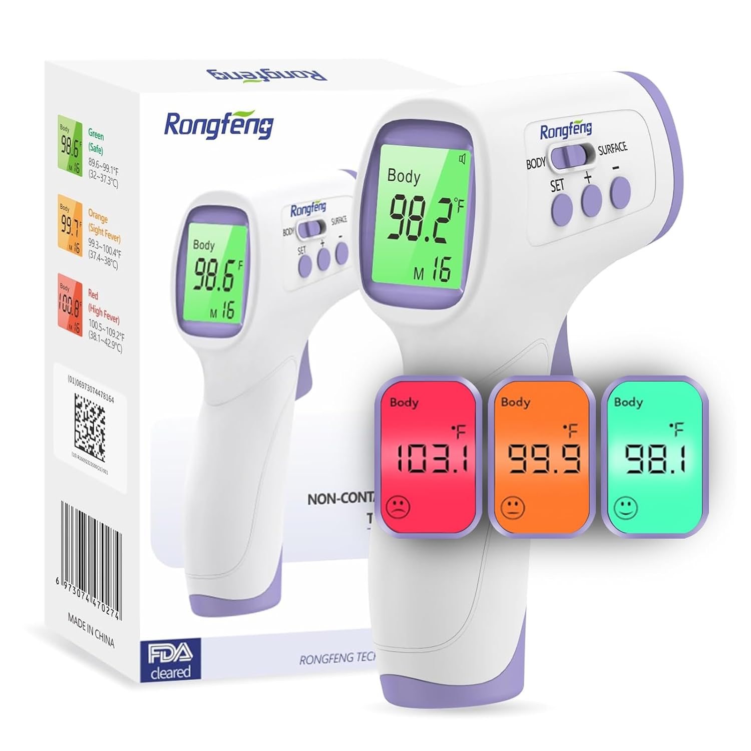 No-Touch Forehead Thermometer for Adults and Kids, Digital Thermometers with Fever Alarm, 3 Backlit and 32 Memories Fast Accurate Results, Easy for All Ages, Basal Thermometer