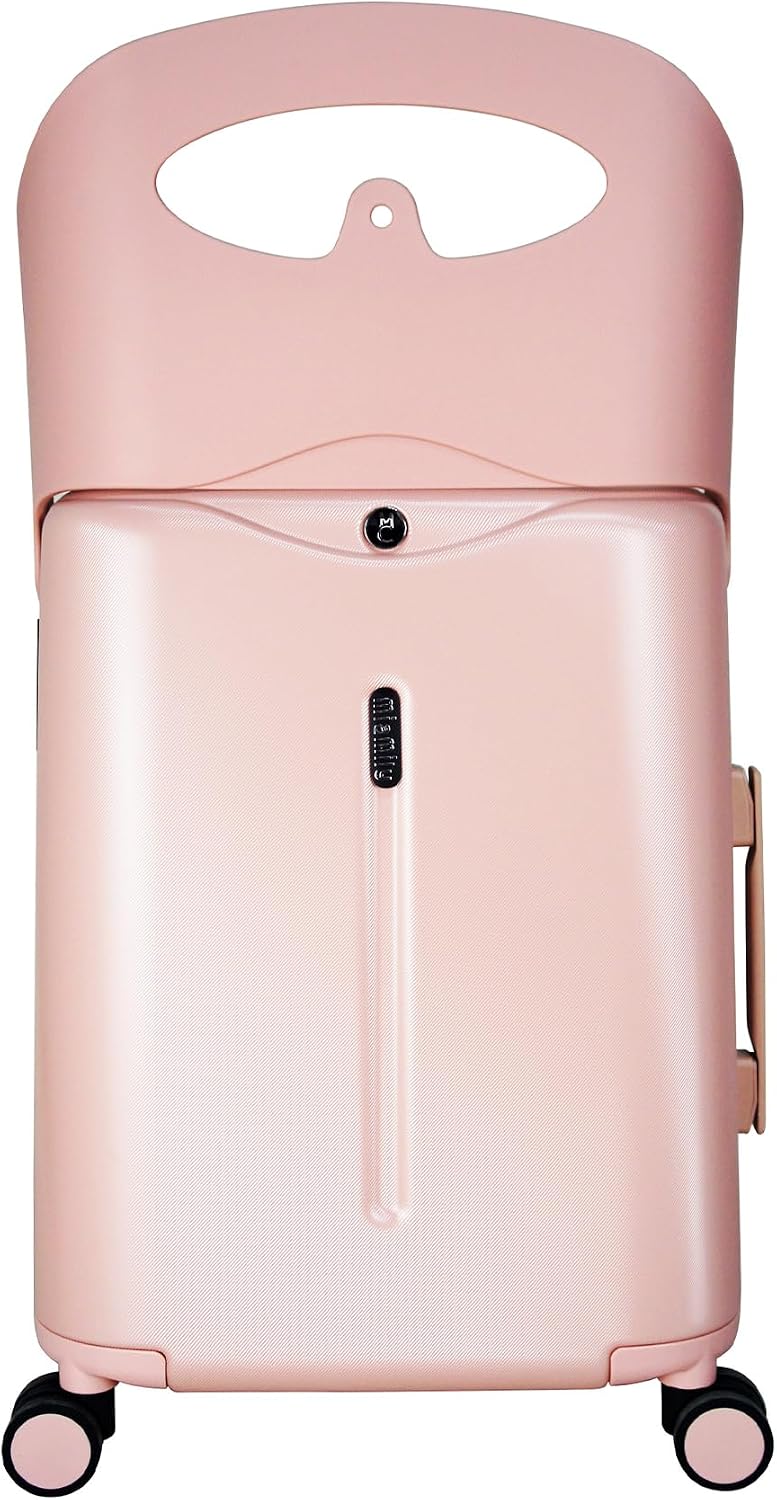MiaMily 4-Wheel Carry-On Luggage with Seat – Ride-On Suitcase for Easy Family Travel, Seat Belt, 43L Hard Shell, Waterproof Pocket, Adjustable Handle, Dusty Pink