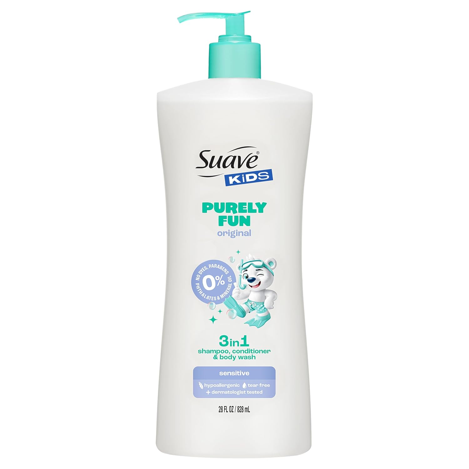 Suave Kids Purely Fun 3 in 1 Shampoo, Conditioner & Body Wash, Original Clean Scent, Hypoallergenic, Tear-Free Formula, Dermatologist Tested, 28 FL OZ