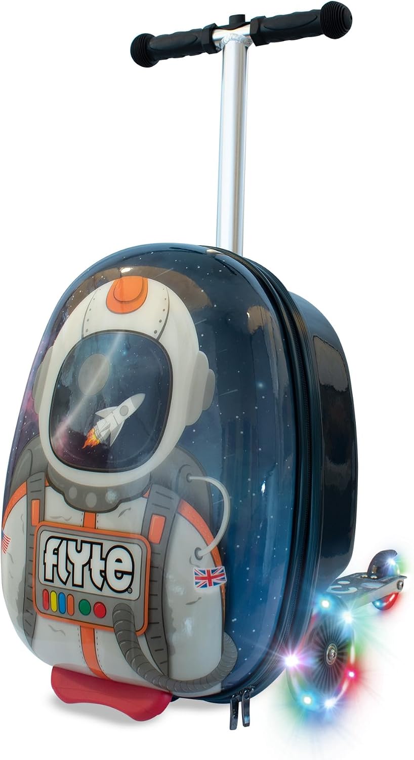 FLYTE Scooter Suitcase Folding Kids Luggage – Sammie the Spaceman, 18 Inch Hardshell, Ride On with Wheels, 2-in-1, 25 Litre Capacity