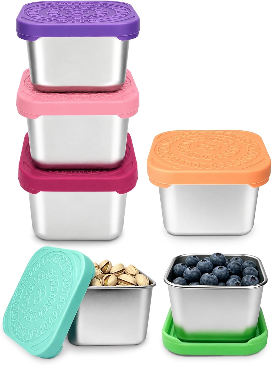 HTEVW 6 Pack Stainless Steel Snack Containers for Kids, 6 oz Toddler Snack Containers with Silicone Lids, Reusable Leak Resistant Food Containers for School Lunch, Daycare, Travel & Portion Control