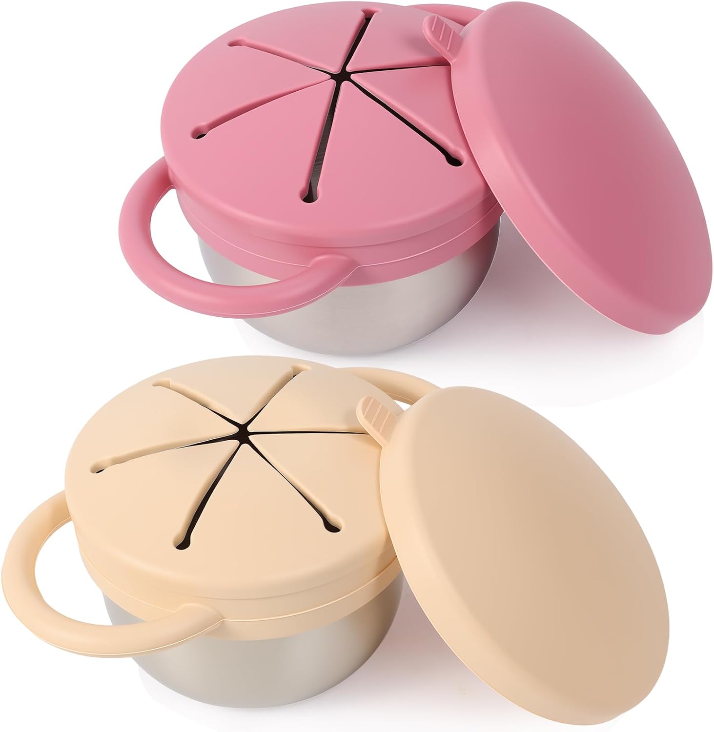 2 Pack Stainless Steel Spill Proof Snack Cup for Baby Toddlers Kids, with Silicone Food Catcher, Travel Lid, Spill-Proof Bowl Containers, Toddlers Essentials, Non Toxic BPA Free