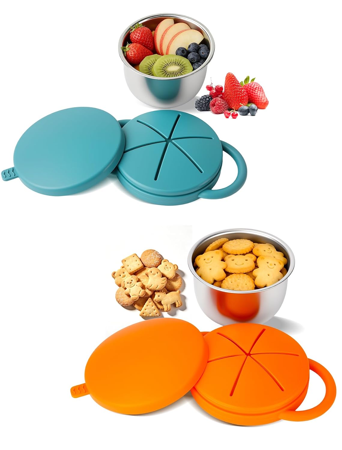 2 Pack Stainless Steel Snack Cups for Toddlers Spill Proof, Toddler Snack Containers with Spill-Proof Silicone Lids & Handles, Dishwasher Safe Perfect for Mess-Free Snacking (Orange+Blue)