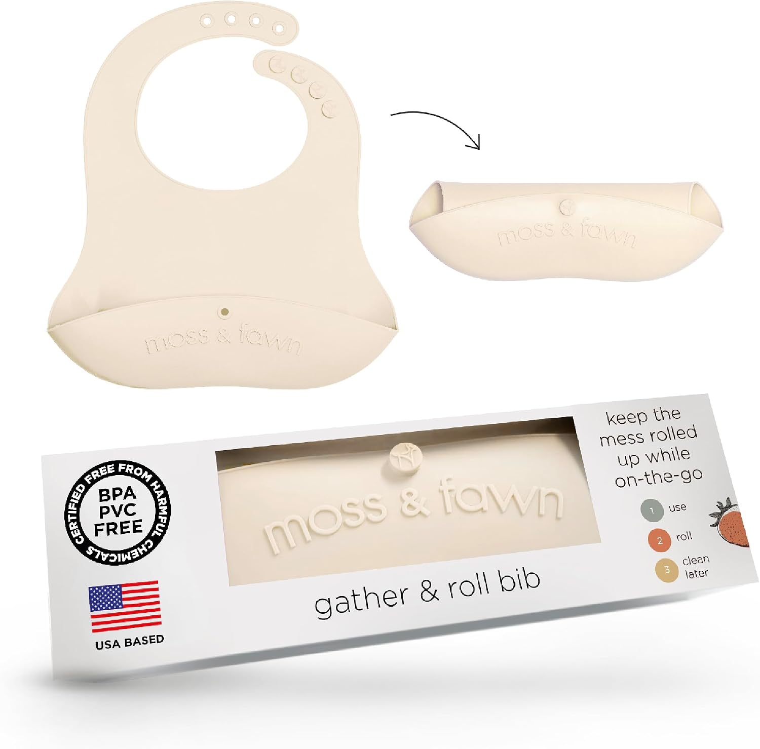 Moss and Fawn Gather & Roll Bib – Washable Waterproof Silicone Baby Feeding Bib – BPA, Lead, & PVC-Free