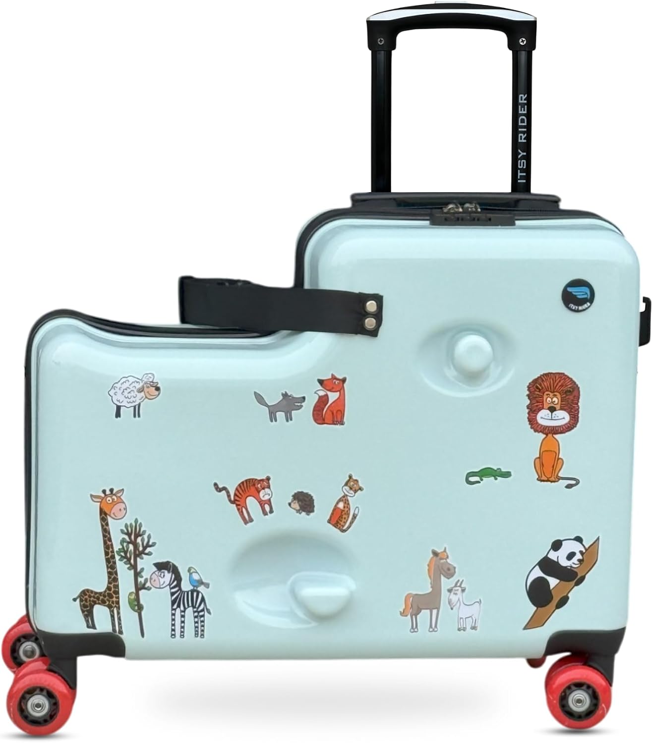 Cegali Itsy Rider 20″ Ride-on Suitcase for Kids with Double Spinner Red Wheels (Green Safari)