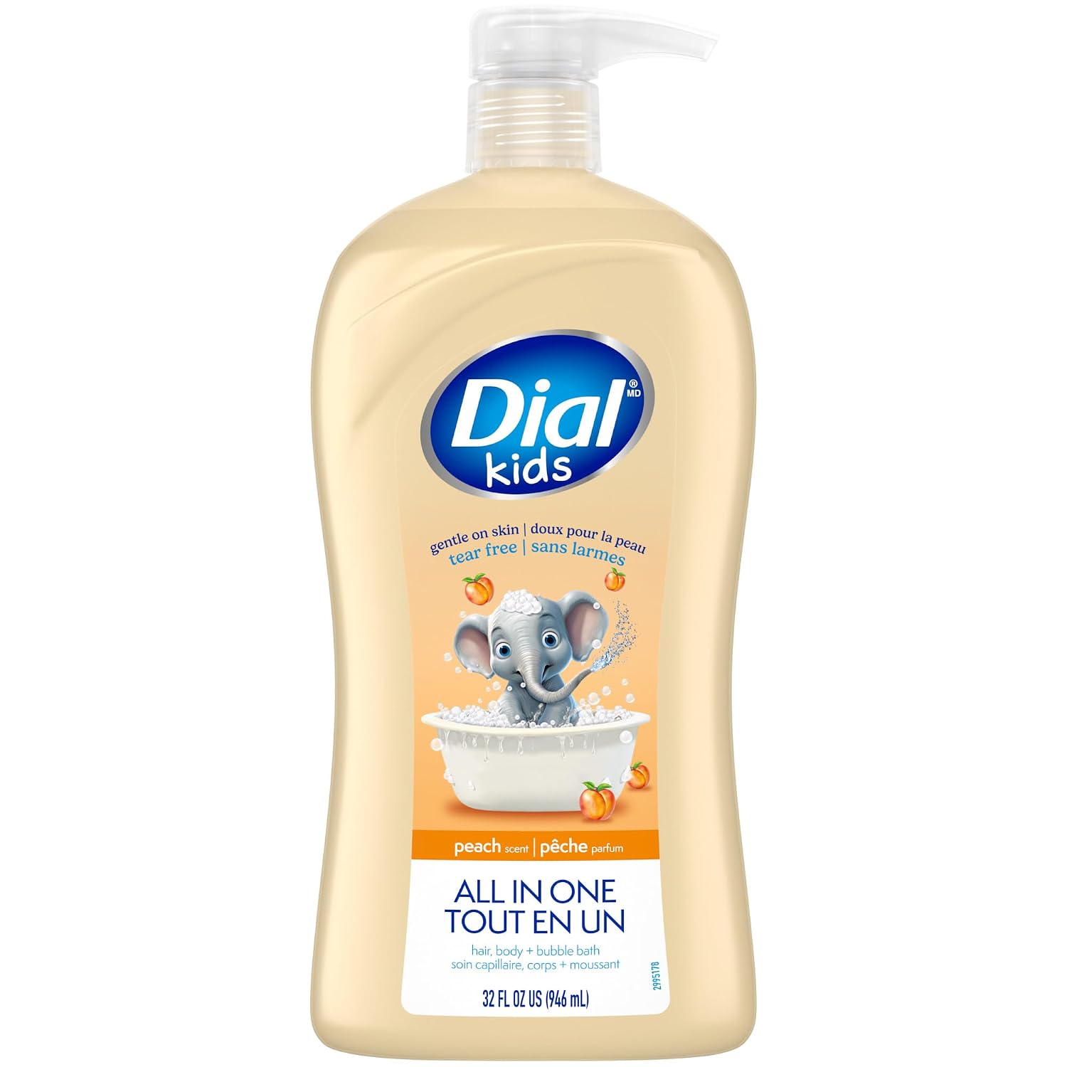 Dial Kids All-in-1 Body + Hair + Bubble Bath, Peach Scent, 32 Fl Oz, Hypoallergenic Body Wash & Shampoo, No Tears Formula for Kids 2+ Years, No Parabens & Silicones