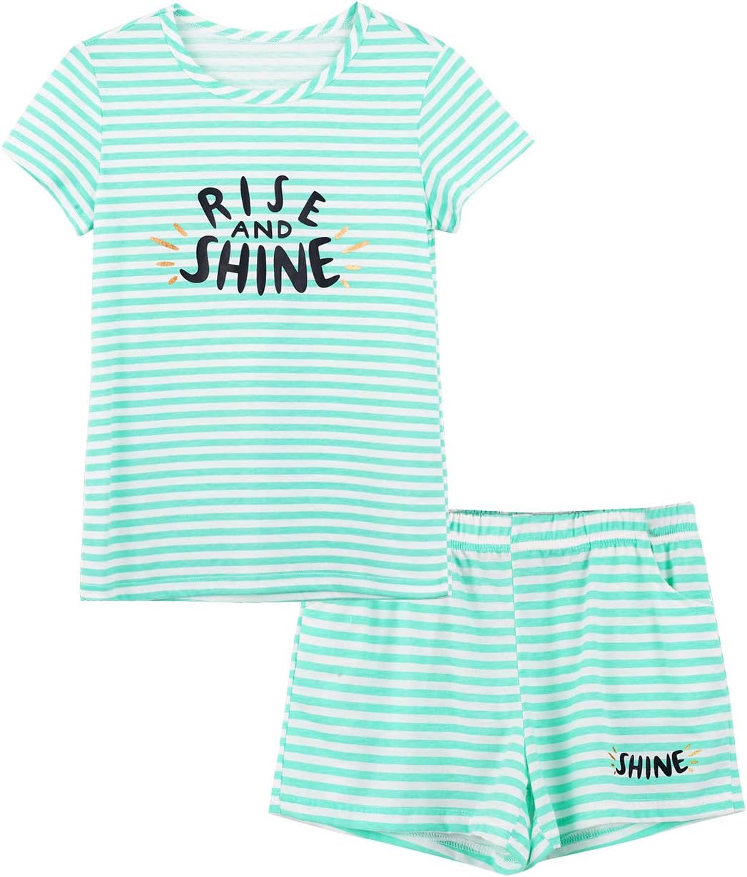 Cozchique Summer Pajamas for Girls – Stripe & Glittering Heart PJS Pal Cute Jammies Set Big Kids Size 4T-18