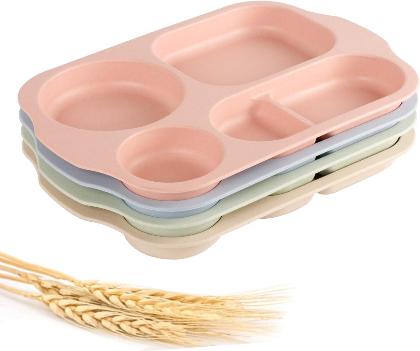 shopwithgreen Divided Plates for Kids Adults, 12 Inch Unbreakable Wheat Straw Portion Control Plates, Large Lightweight Reusable Compartment Lunch Trays, BPA Free Dishwasher & Microwave Safe,4 PCS