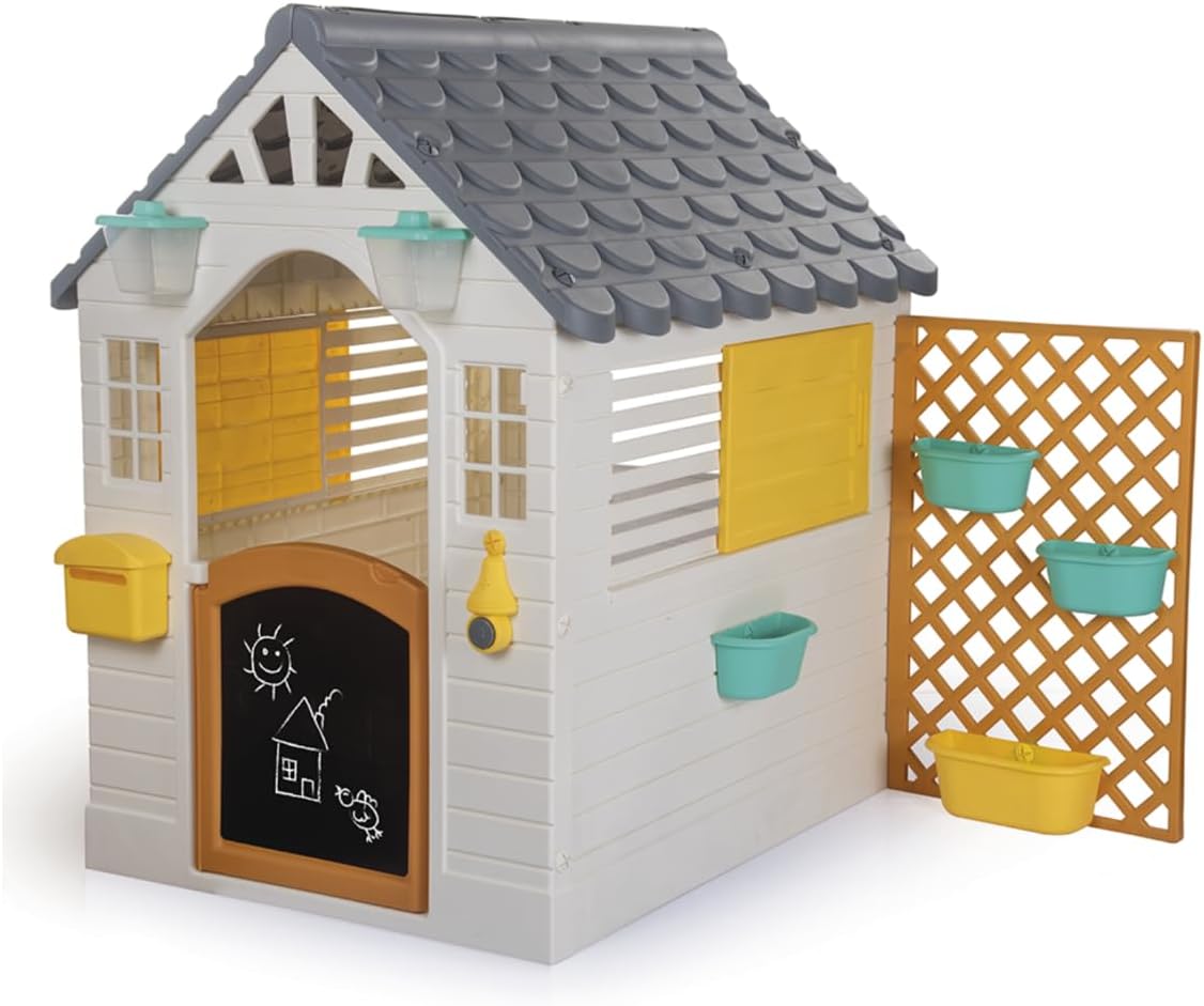 Dolu: Garden Playhouse with Fence – White-Grey-Yellow – Outdoor-Indoor Toy, Chalkboard Door, Durable Charming Design, Easy Assembly, Kids-Toddlers 2+