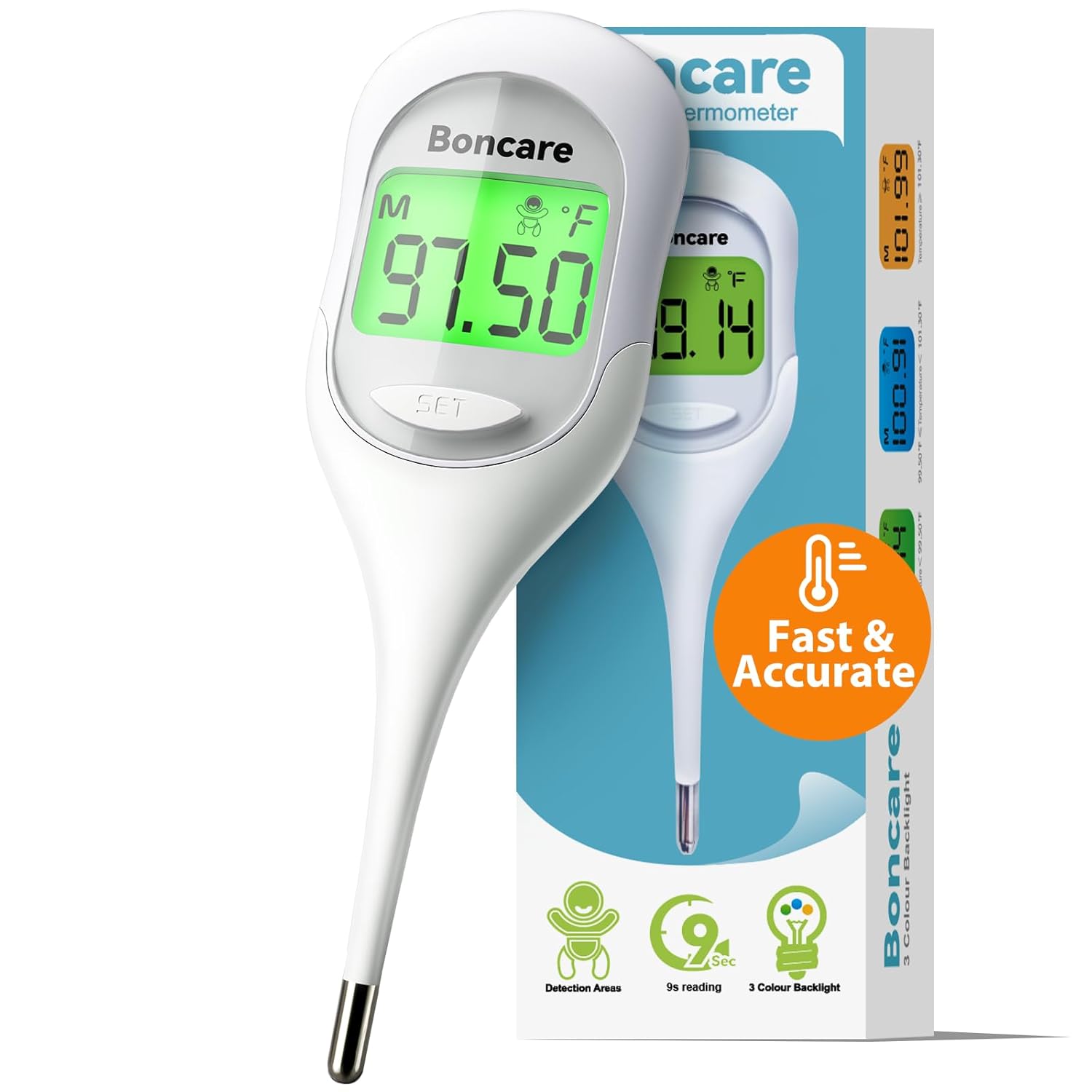 Boncare 9 Seconds Basal Body Thermometer for Ovulation, Oral Thermometer for Adults and Kids – Accurate Rectal Thermometer, with Fever Alarm and Large Display (Rice-White)