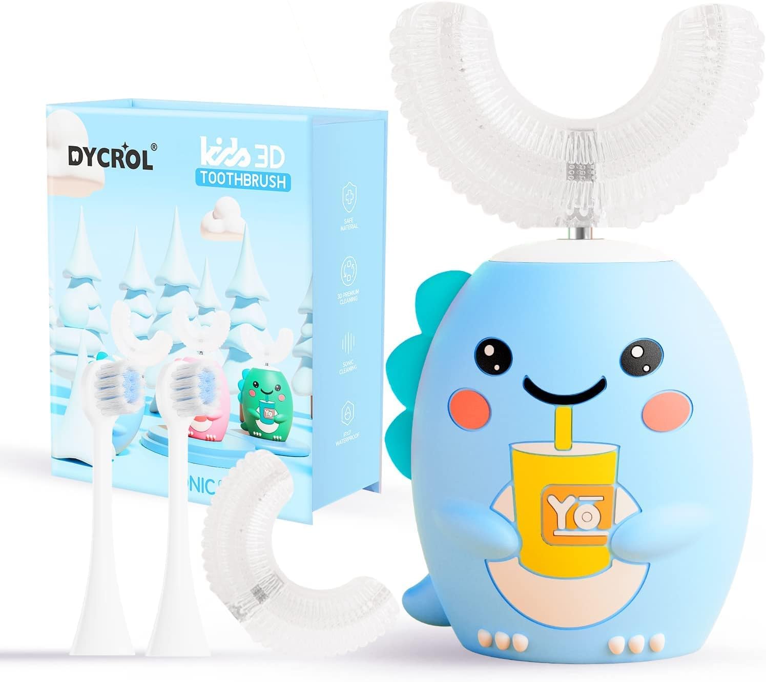 DYCROL Kids U Shaped Electric Toothbrush with 4 Brush Heads, Sonic Toothbrush Kids with 5 Modes, Cartoon Dinosaur 360-Degree Cleaning IPX7 Waterproof Design (2-6 Age (Blue))