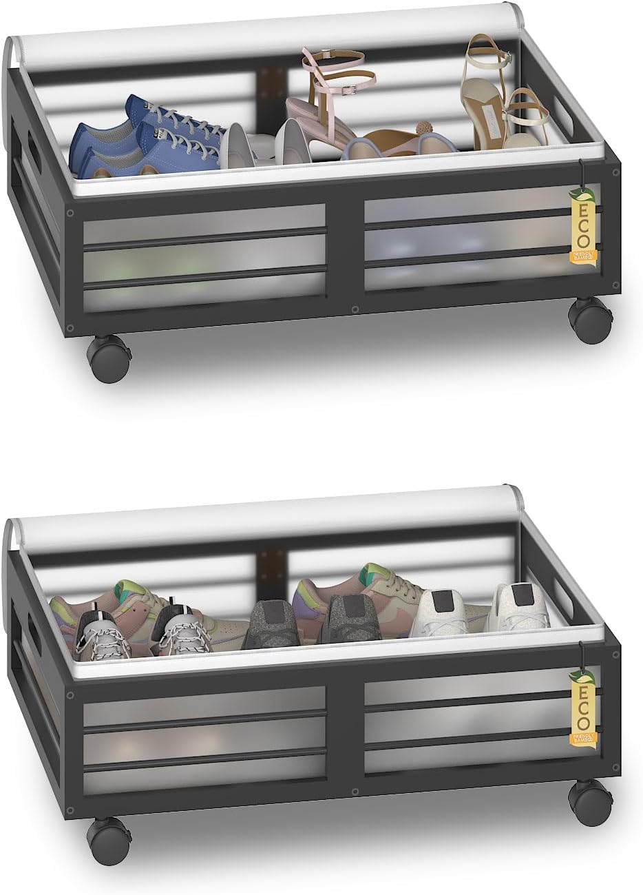 Bamboo Underbed Storage Containers with Wheels & Bag 2 Pack, Under Bed Rolling Storage Bins, Wood Underbed Shoe Clothes Storage Stackable Drawers for Bedroom Closet Under Crib Toy (Black)