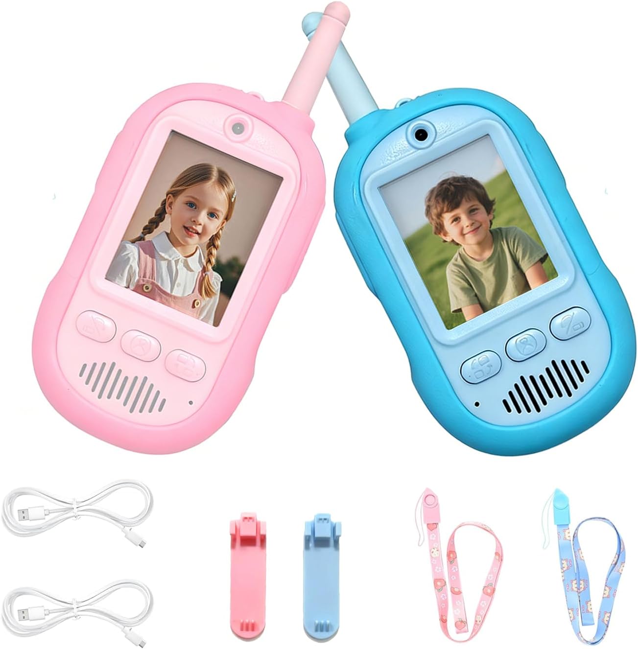 2PCS Video Walkie Talkies for Kids Camping Toys Spy Gear Outdoor Games for Family Hide and Seek Spy Role Play ABS Rechargeable Long-Range HD Camera Voice Changer Toy – Blue/Pink 136x56x26mm