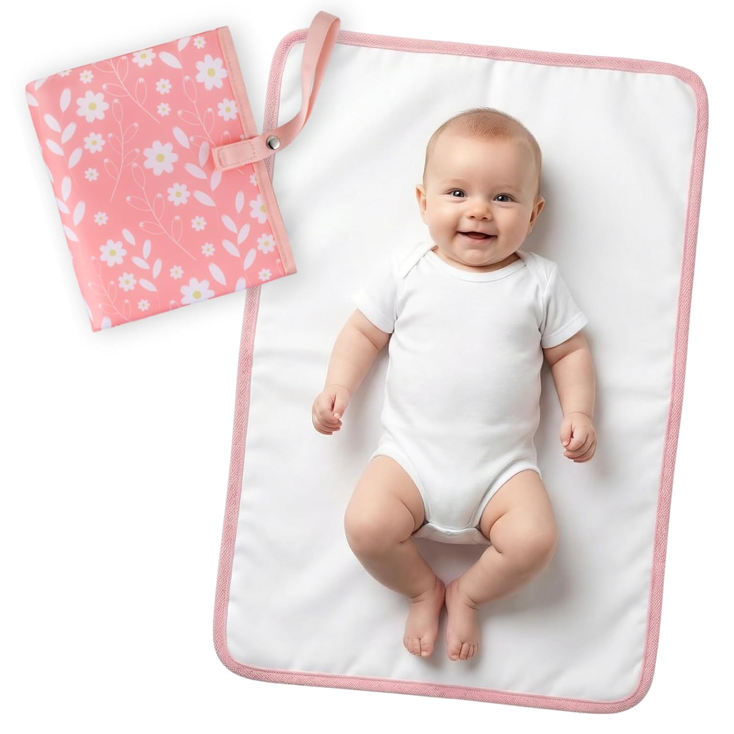 Portable Diaper Changing Pad for Baby – Waterproof Compact Changing Mat with Wrist Strap – Wipeable Travel Changing Pad for Diaper Bag – Gifts for Baby Shower by PHOEBUS BABY(Pink Flowers)