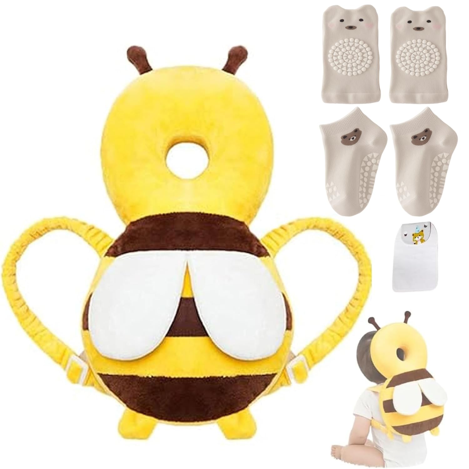 Baby Head Protector Backpack, Toddler Baby Head Protection Backpack with Baby Knee Pads Alarm Function for Walking & Crawling, Soft, Breathable and Wearing Safety Baby Head Protector – Yellow Bee