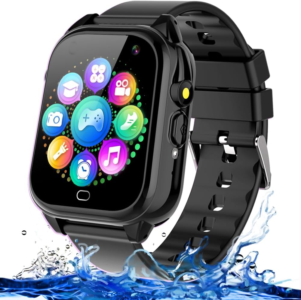Kids Waterproof Smart Watch for Boys Girls Ages 3-12 Learning Toys with 26 Games Camera Video 1.44″ Touchscreen Music Player Alarm Clock Flashlight Pedometer Toddler Watches Birthday Gifts (Black)