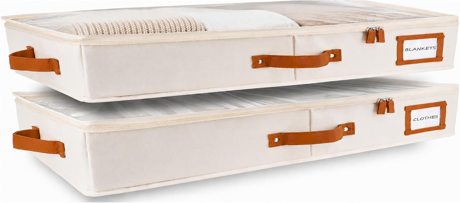 HOMELUX THEORY 2pc Low Profile Under Bed Storage Containers, Thin Under Couch Storage Organizer with Bins & Lids, Underbed Storage Box Ideal for Seasonal Clothes, Blankets, Fabric & Shoes (Ivory)