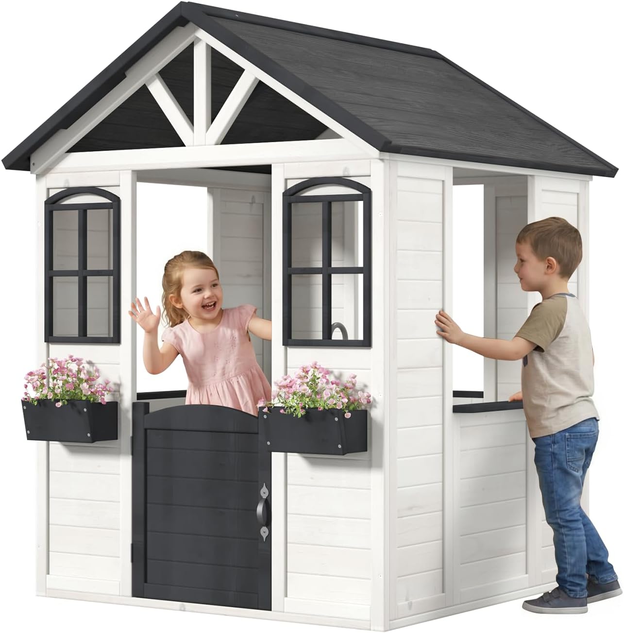 Bezseller All Spruce Outdoor Kids Playhouse, Toddler Wooden Playhouse for Kids Ages 3-8, with Sink, Stove, Flower Pot Holders, Phone, Kitchen with Food Kitchenware Tableware, White