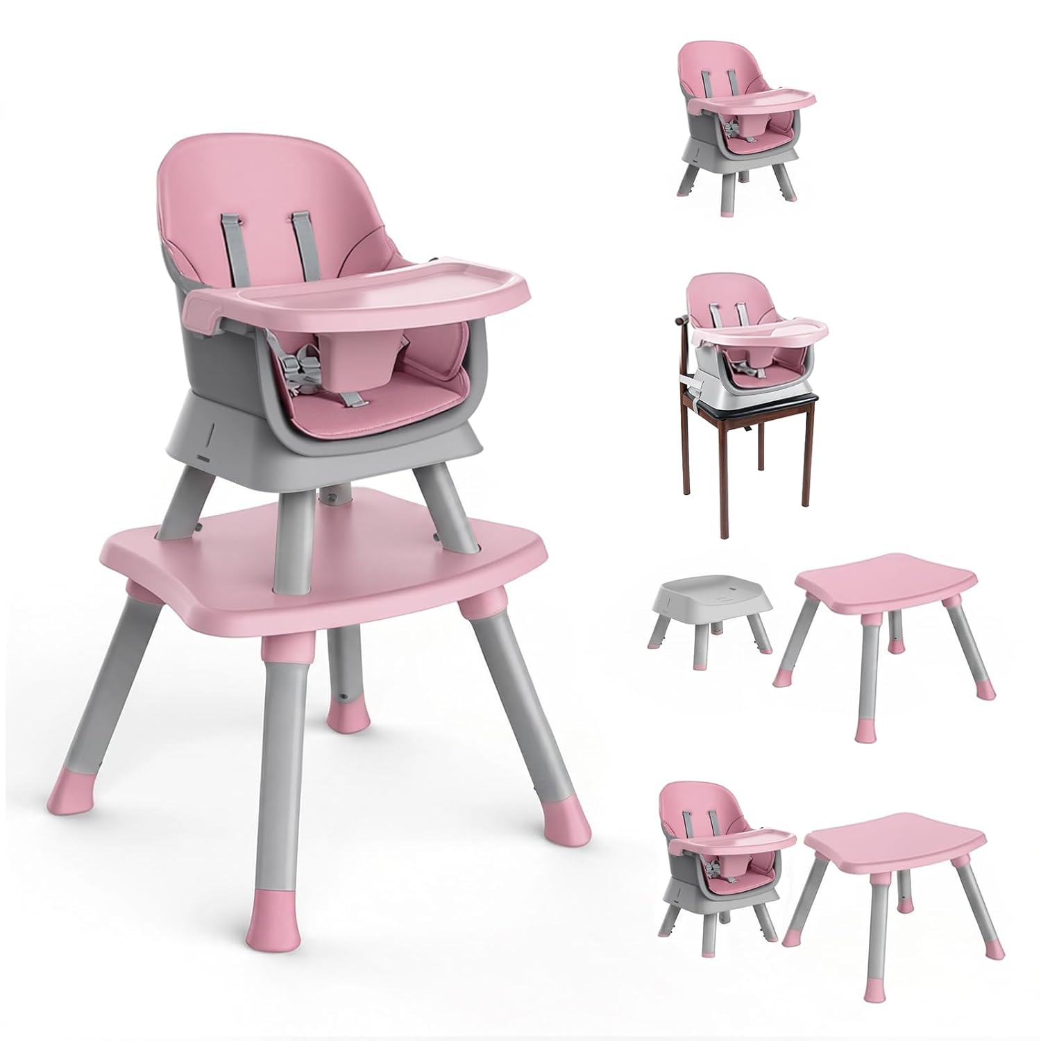7 in 1 High Chair, Convertible High Chairs for Babies and Toddlers, Infant Dining Booster Seat, Table and Seat Set, Removable Tray, Pink
