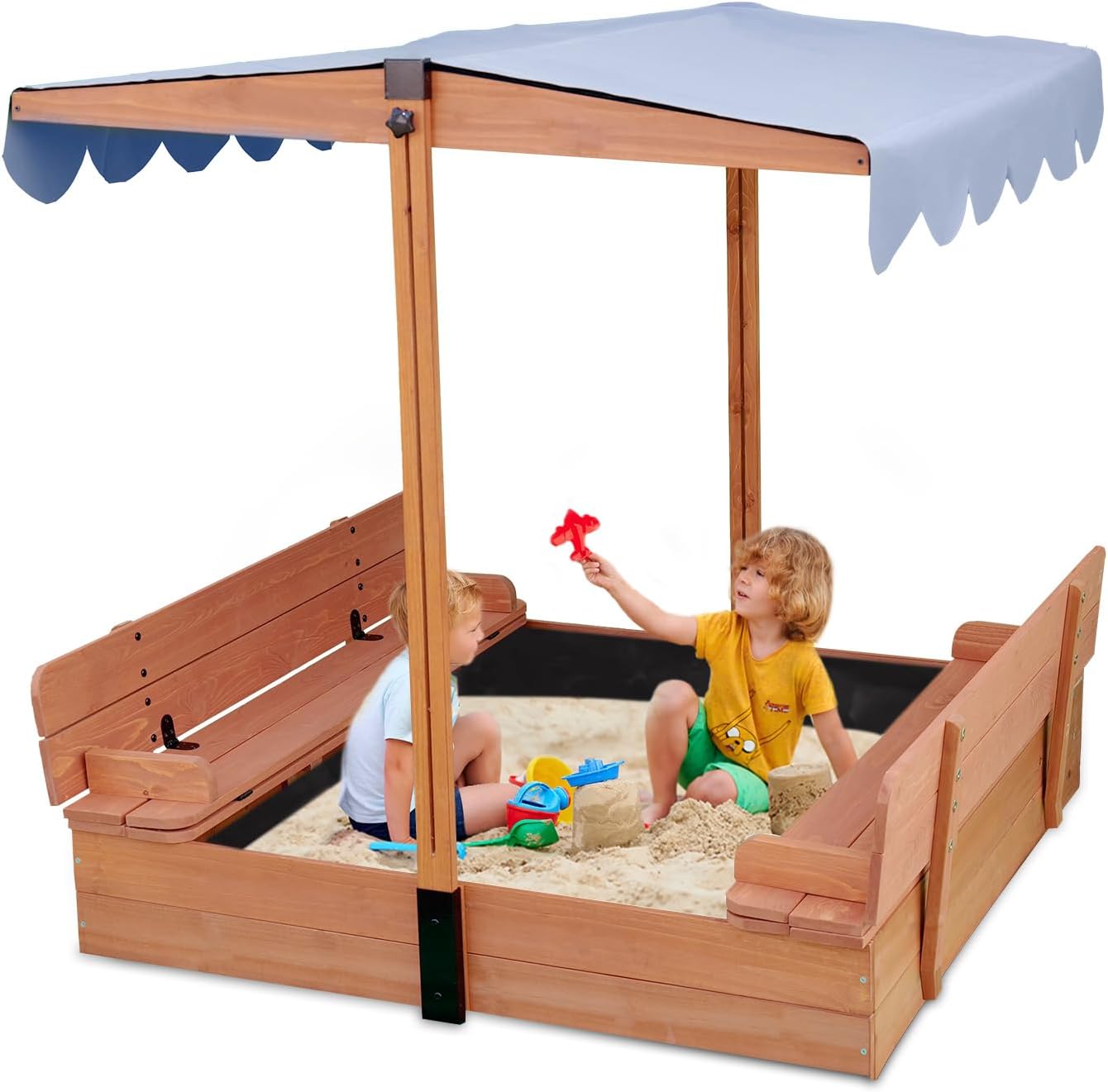 FunXplore Wooden Kids Sandbox with Lid & Canopy, Outdoor Sand Pit with Cover & Adjustable Roof, 2 Foldable Benches, Bottom Liner, Backyard Play Equipment for Ages 4-8, Brown