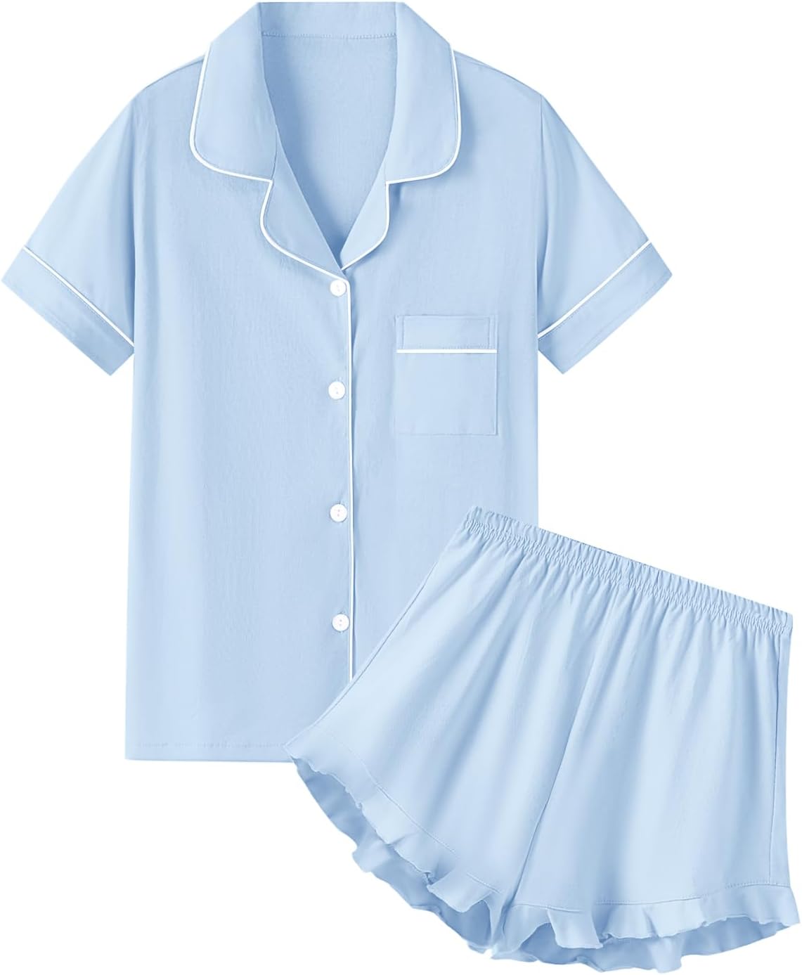 QZH.DUAO Girls & Women Pajama Sets 100% Cotton Sleepwear Button Down Short Sleeve With Ruffle Shorts PJS 5 Years-Large