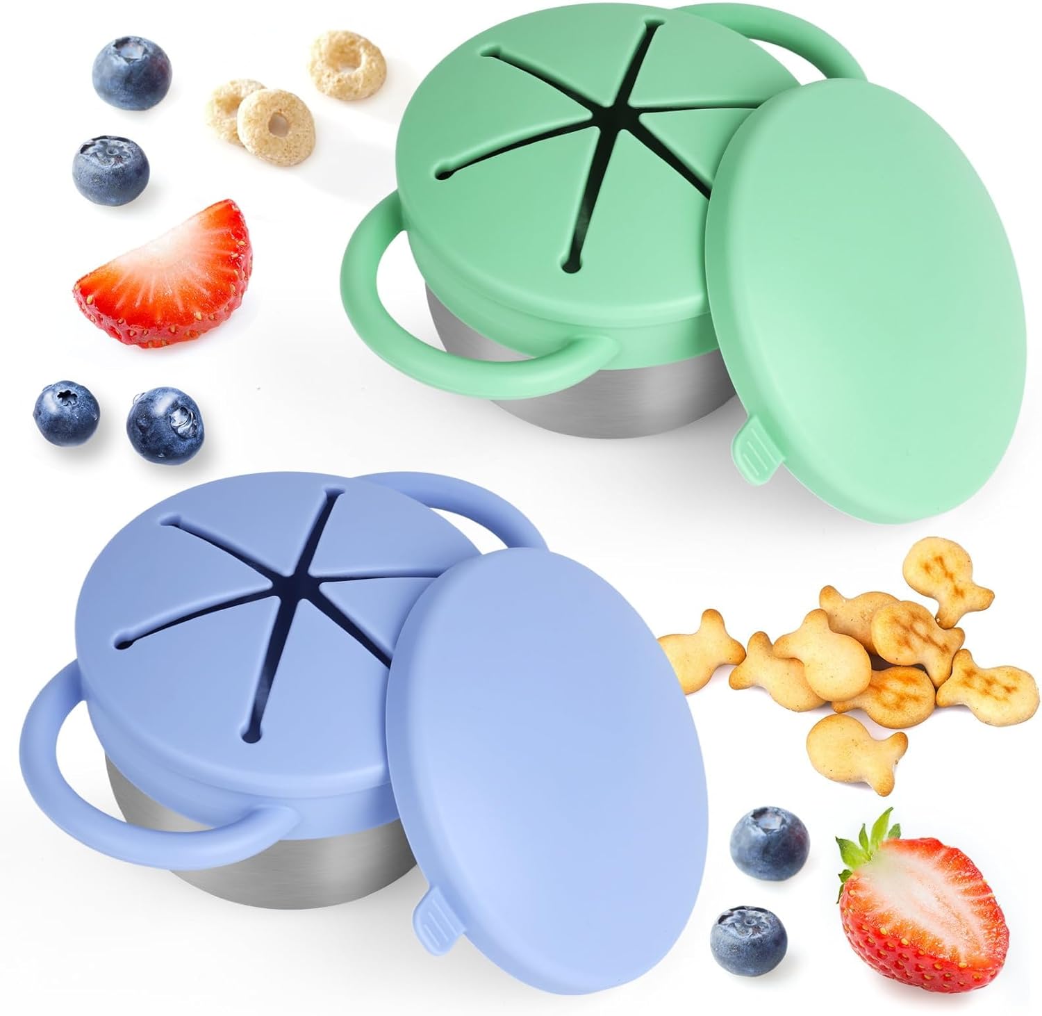 2 Pack Snack Cups for Toddlers Spill Proof – Detachable Stainless Steel Toddler Snack Cups with Silicone Lids & Handles – Dishwasher Safe Snack Container for Mess-Free Snacking（Blue-purple and Green)