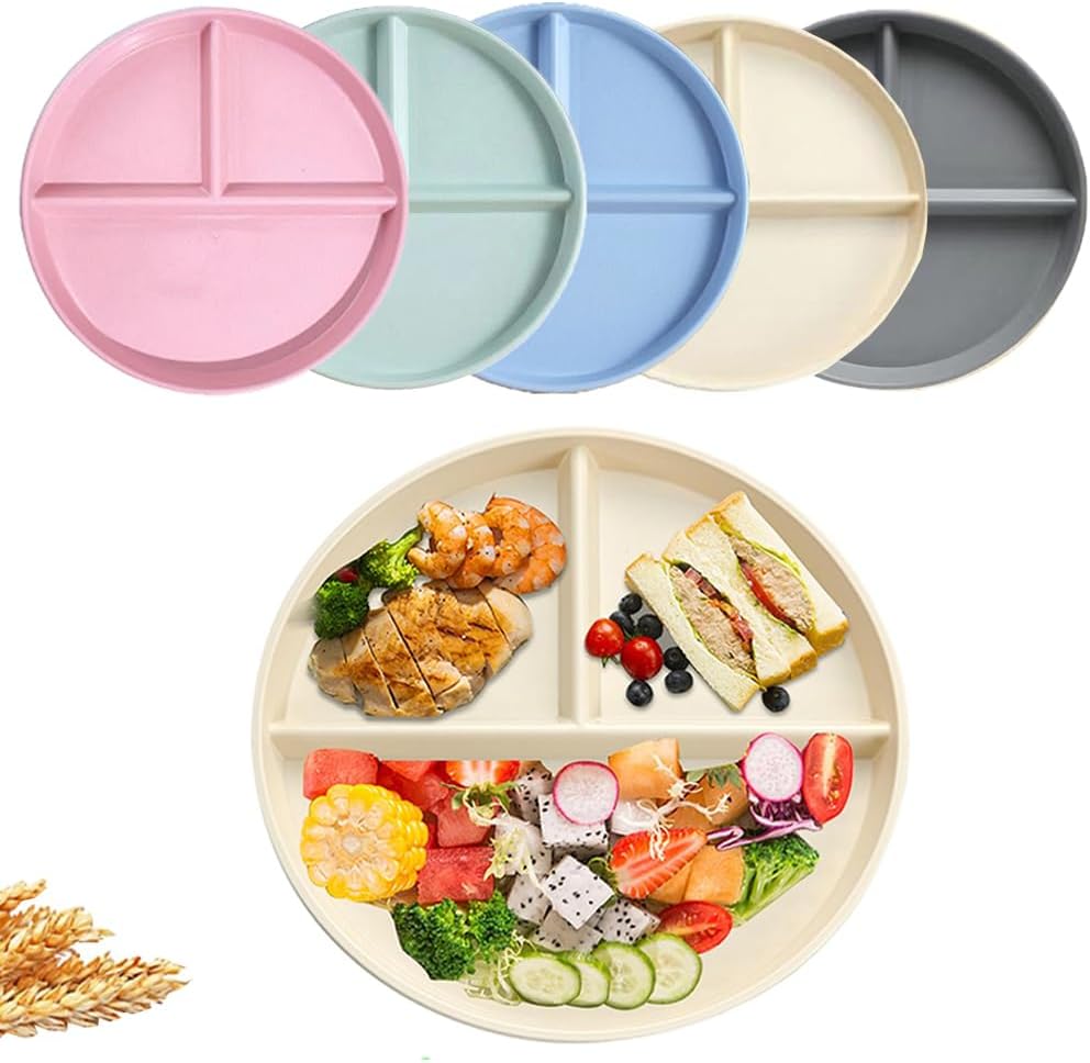 LRUUIDDE Unbreakable Divided Dinner Plate Set of 5, Wheat Straw Plates BPA Free 9 Inch, Portion Control Plate Healthy Eating & Bariatric Diet Divided Plates, Dinner Diet Plates for Kids