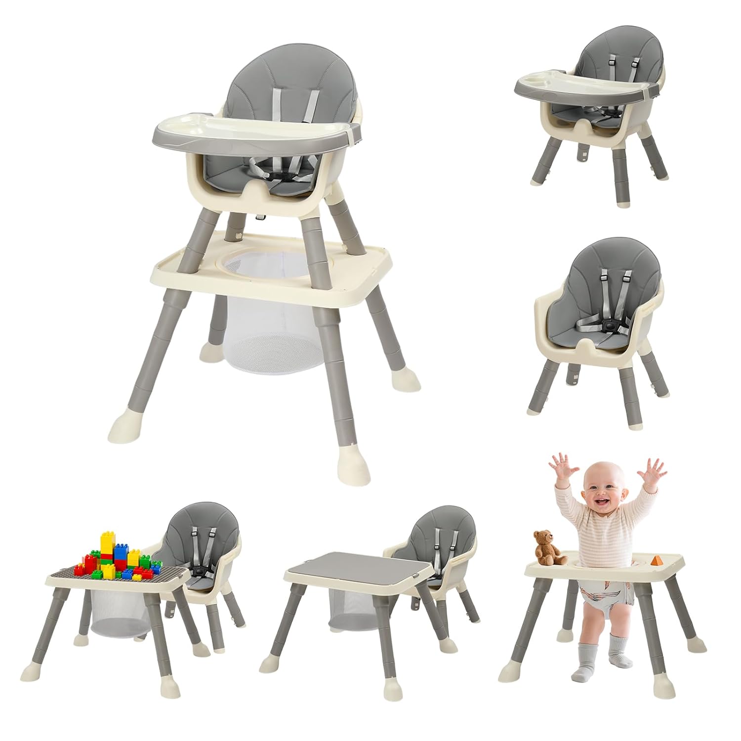 JOYMOR 7 in 1 High Chair for Babies and Toddlers, Convertible Kids Learning Table and Chair with Large Baske for Storage (Gray)