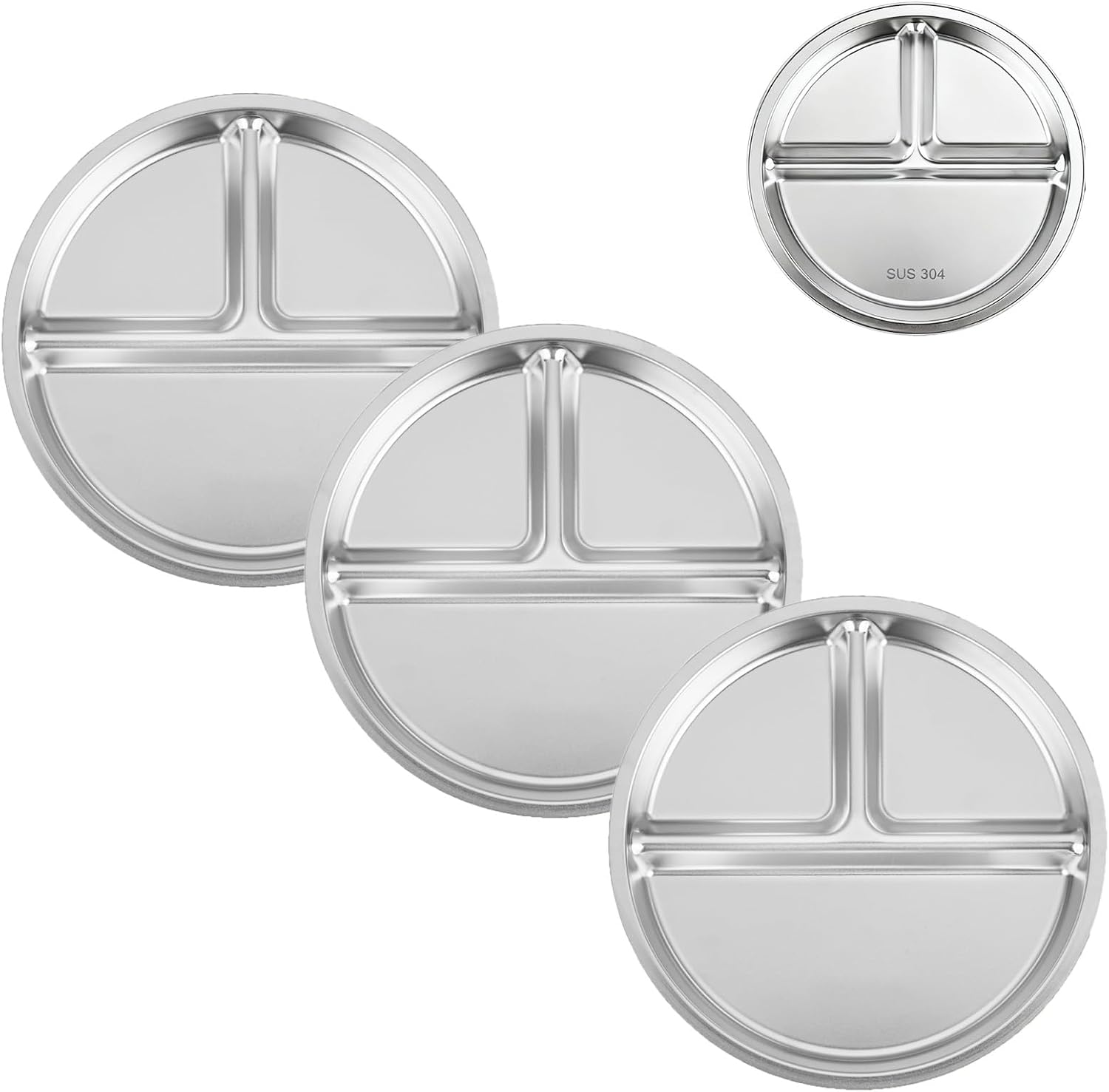 PandaEar 3 Pack Stainless Steel Divided Plates for Kids, 8.1” Portion Control Plates with 3 Compartments, Reusable Metal Dishes for Balanced Meals, Camping & Home Use (3, Silver)