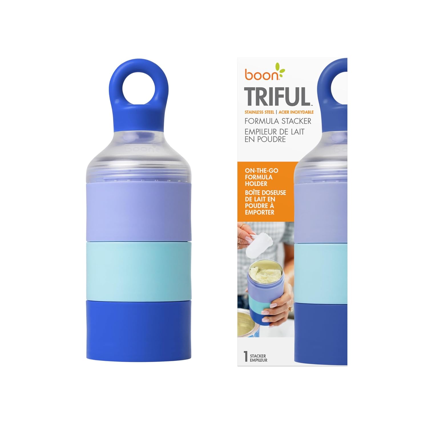 Boon Triful Baby Formula Dispenser On the Go – Insulated Stainless Steel Formula Containers with Stacking Design – Baby Bottle-Feeding Supplies for Travel, Camping, 8 oz, Blue