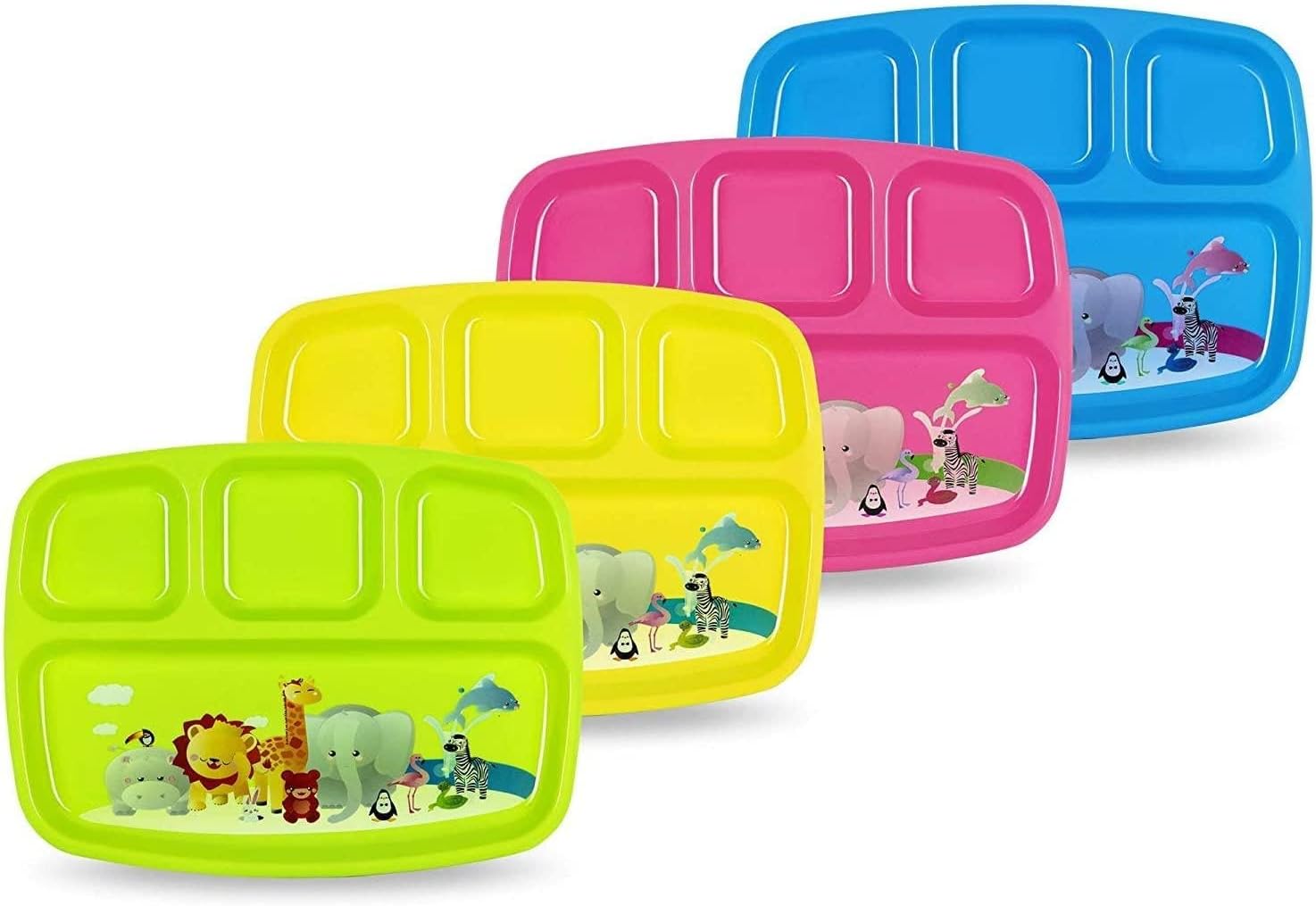 PLASKIDY Toddler Plates With Dividers – Set of 4 Kids Plates with 4 – Compartment Brightly Colored Children Dinner Divided Tray Dishwasher Safe BPA Free Plate With Fun Zoo Design