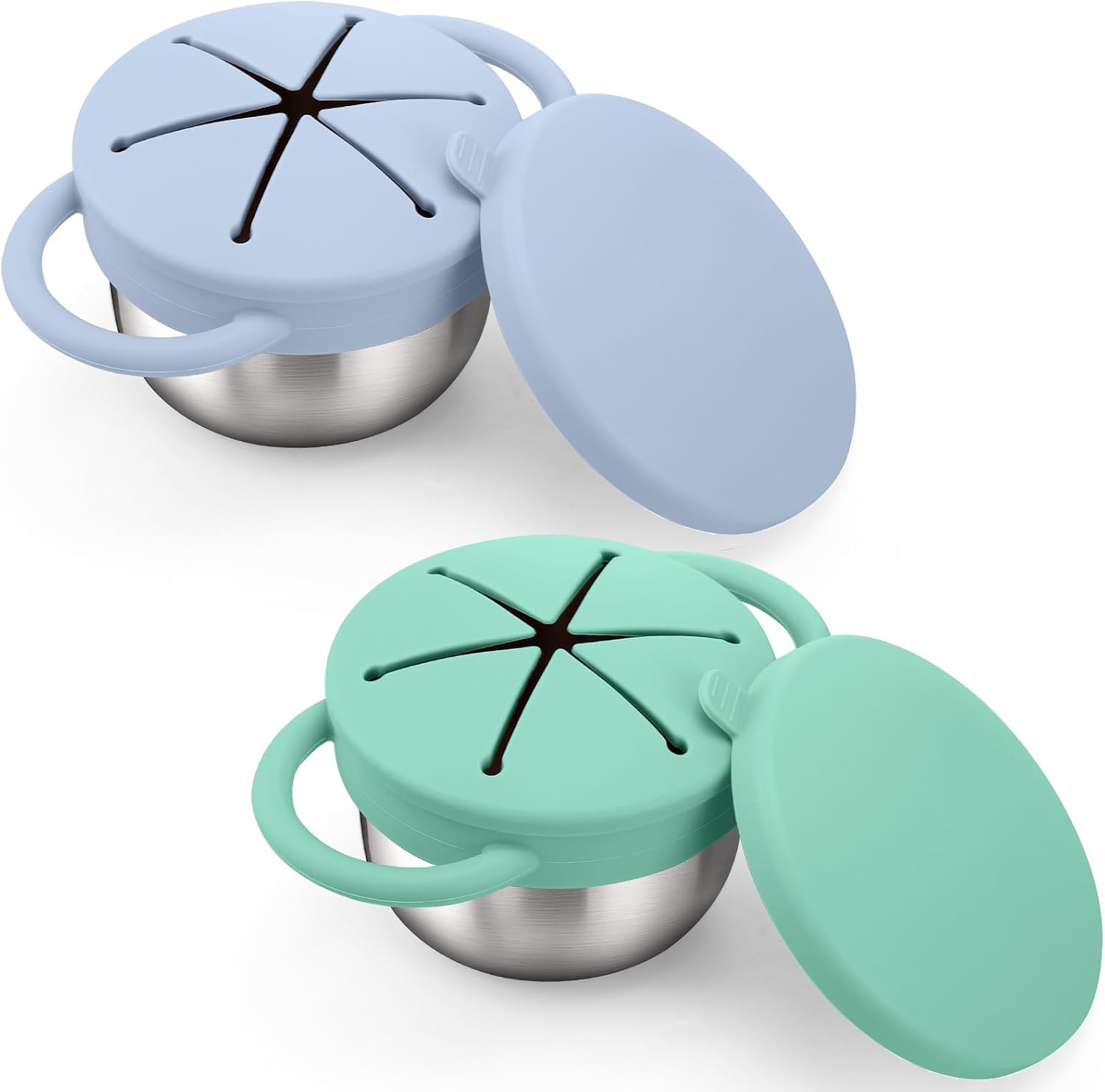 BUSOHA 2 Pack Stainless Steel Toddler Snack Cups – 9 OZ Spill-Proof Baby Snack Containers with Silicone Catcher and Lid Travel Snack Containers for Kids Food Grade Silicone Dishwasher Safe