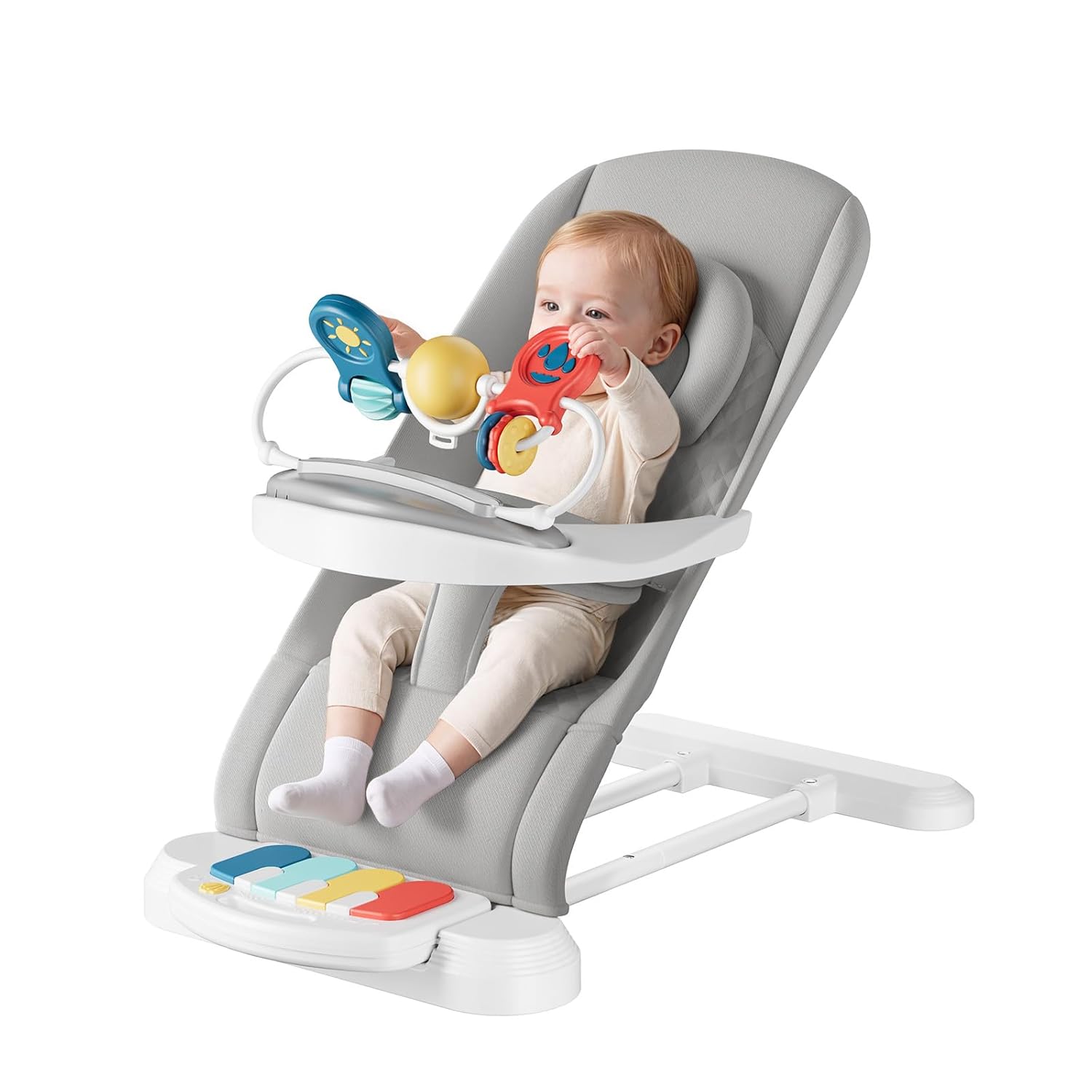 Monamii Baby Bouncer, Baby Bouncer Seat with Detachable Pianos & Feeding Tray, 3-Level Adjustable Positions Bouncing Seat, Infant Bouncer Seat and Toddler Chair (Grey)
